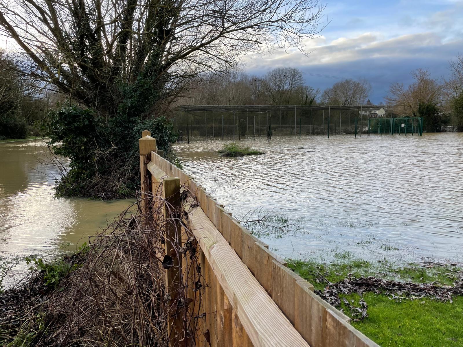 Flooded recreation-ground area in Great Dunmow in January 2024